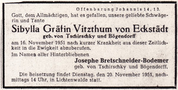 Todesanzeige der Vitzthums von Eckstädt